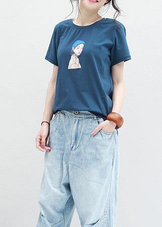 Loose Blue O Neck Cotton Clothes for Neckline Cartoon Print Blouses Summer