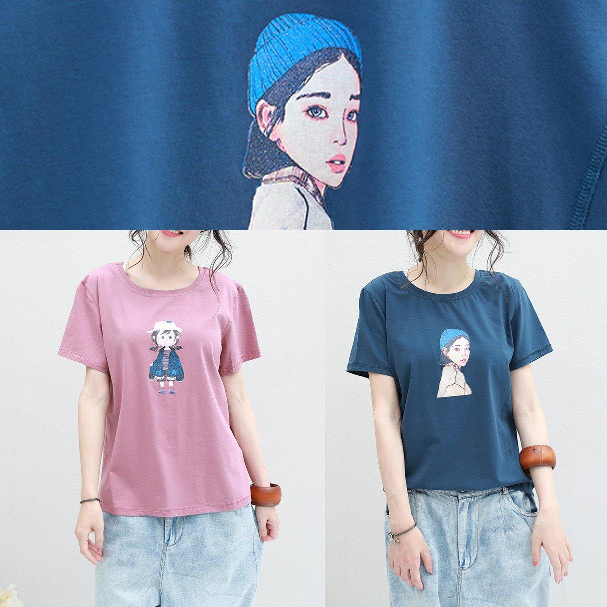 Loose Blue O Neck Cotton Clothes for Neckline Cartoon Print Blouses Summer