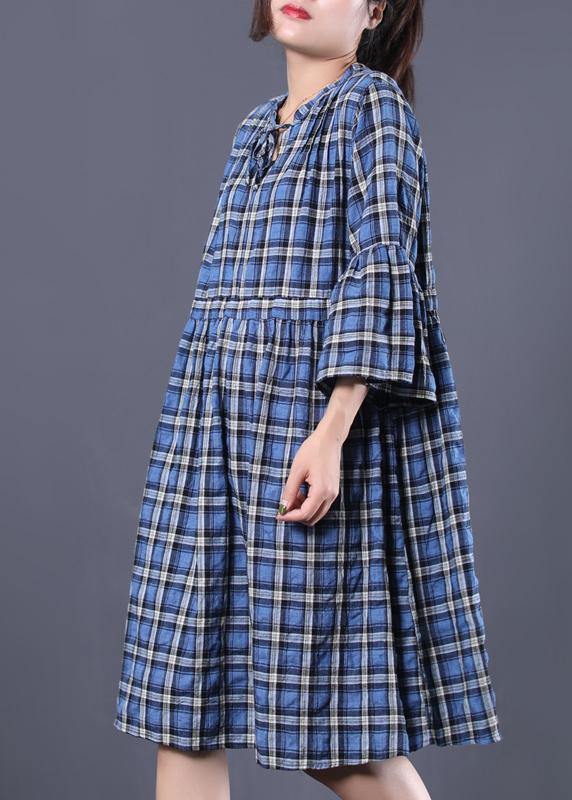 Loose Blue Plaid Cotton Tunic Dress V Neck a Line Summer Dress