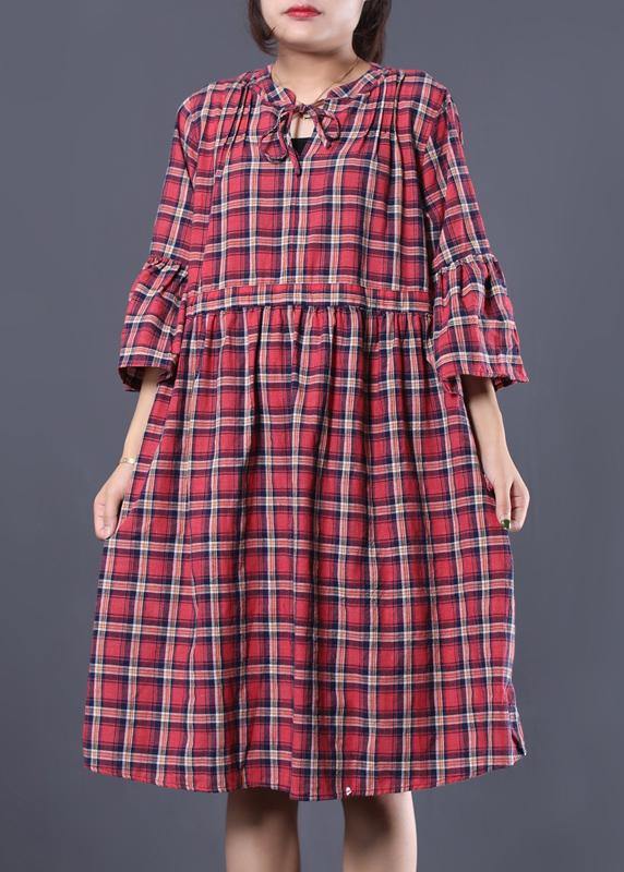 Loose Blue Plaid Cotton Tunic Dress V Neck a Line Summer Dress