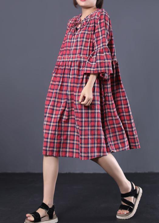 Loose Blue Plaid Cotton Tunic Dress V Neck a Line Summer Dress