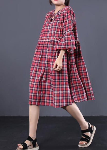 Loose Blue Plaid Cotton Tunic Dress V Neck a Line Summer Dress