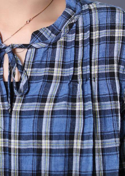 Loose Blue Plaid Cotton Tunic Dress V Neck a Line Summer Dress