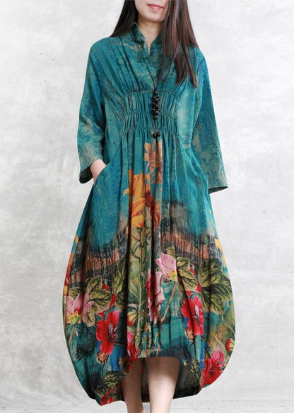 Loose Blue Print Clothes for Cinched Asymmetric Dresses