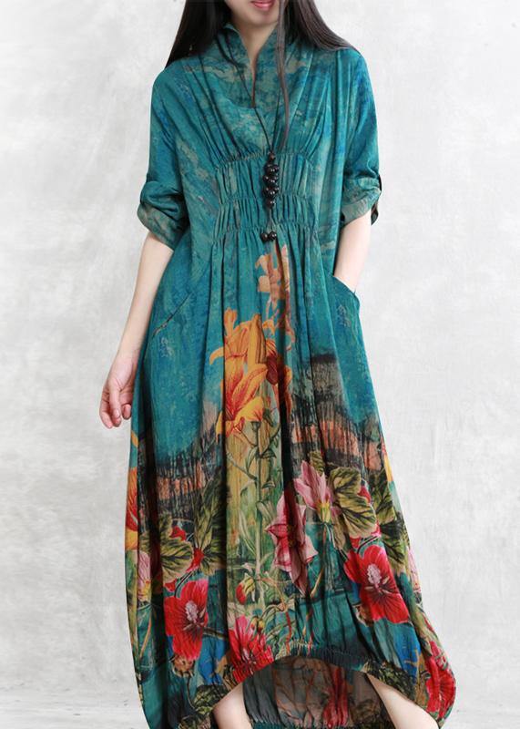 Loose Blue Print Clothes for Cinched Asymmetric Dresses