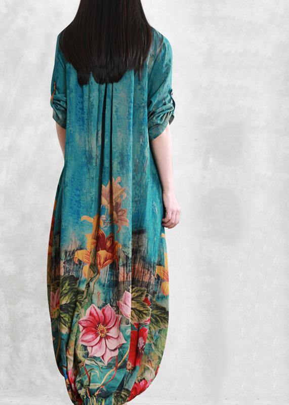Loose Blue Print Clothes for Cinched Asymmetric Dresses