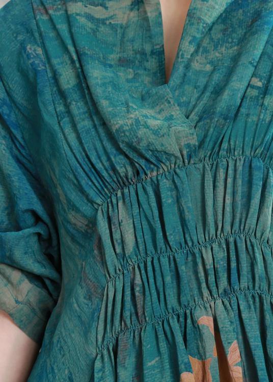 Loose Blue Print Clothes for Cinched Asymmetric Dresses