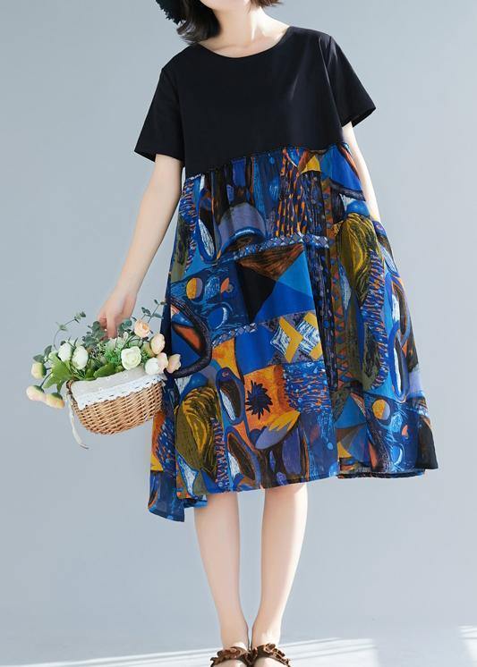 Loose Blue Prints Cotton Linen Dresses Patchwork Oversized Summer Dress