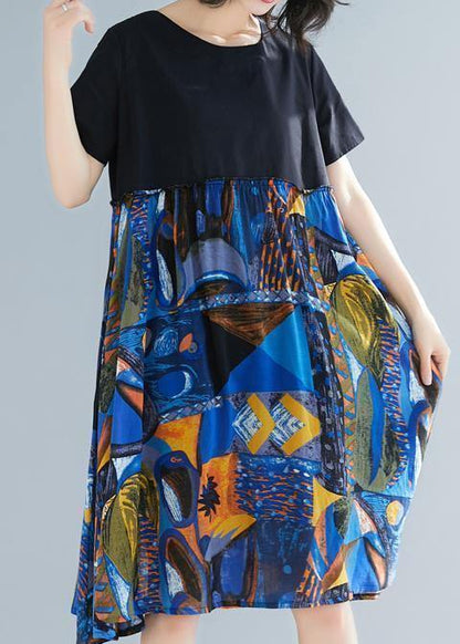Loose Blue Prints Cotton Linen Dresses Patchwork Oversized Summer Dress