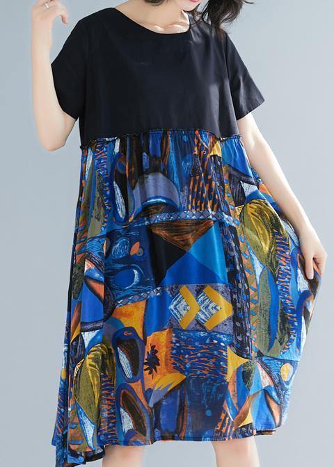 Loose Blue Prints Cotton Linen Dresses Patchwork Oversized Summer Dress