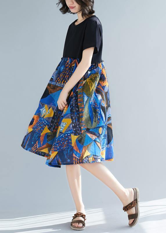Loose Blue Prints Cotton Linen Dresses Patchwork Oversized Summer Dress