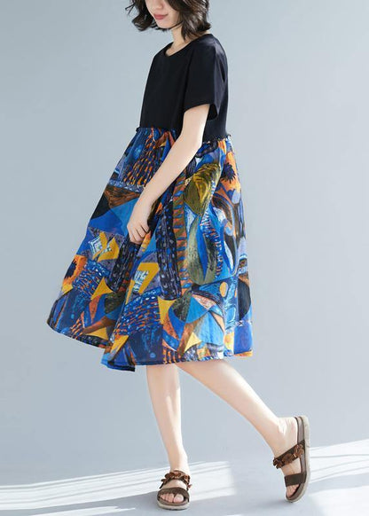 Loose Blue Prints Cotton Linen Dresses Patchwork Oversized Summer Dress