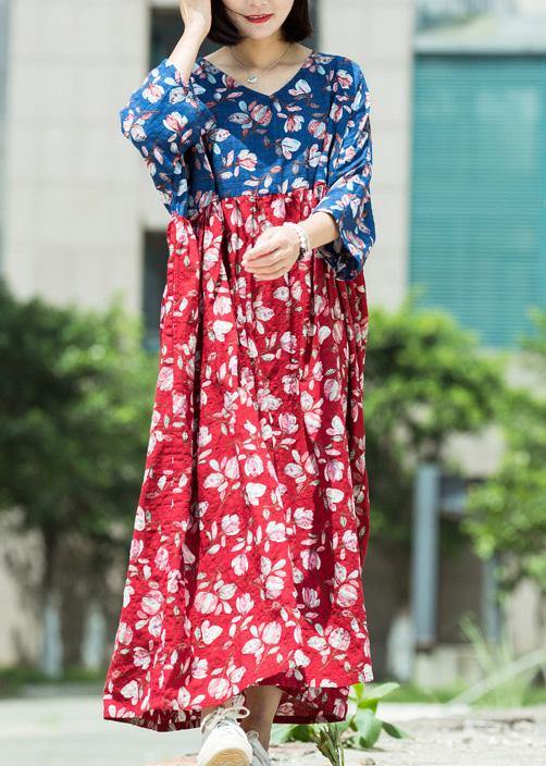 Loose Blue Red Print Cotton Tunic Pattern V Neck Asymmetric Maxi Summer Dresses