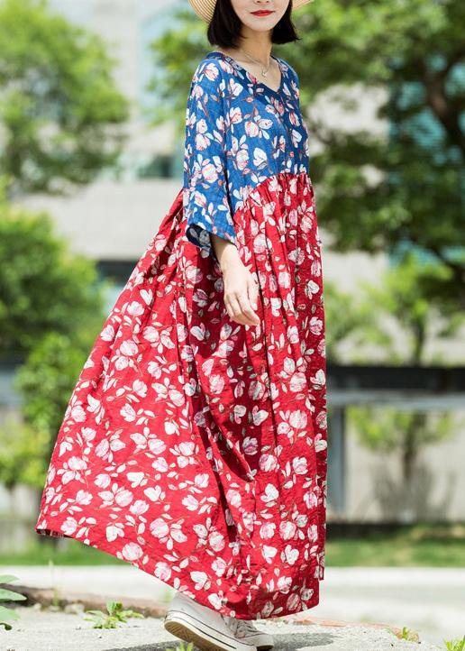 Loose Blue Red Print Cotton Tunic Pattern V Neck Asymmetric Maxi Summer Dresses