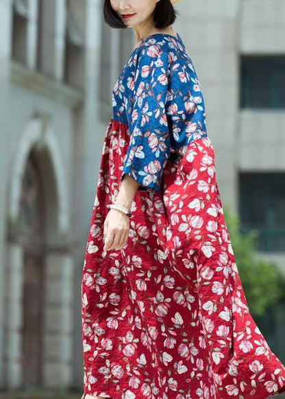 Loose Blue Red Print Cotton Tunic Pattern V Neck Asymmetric Maxi Summer Dresses