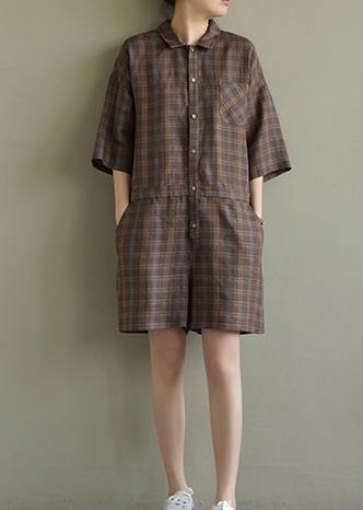 Loose Brown Plaid Linen Lapel Jumpsuit Pants Short Summer