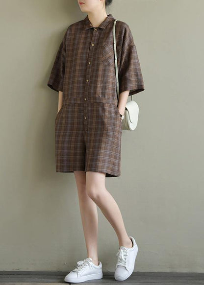 Loose Brown Plaid Linen Lapel Jumpsuit Pants Short Summer