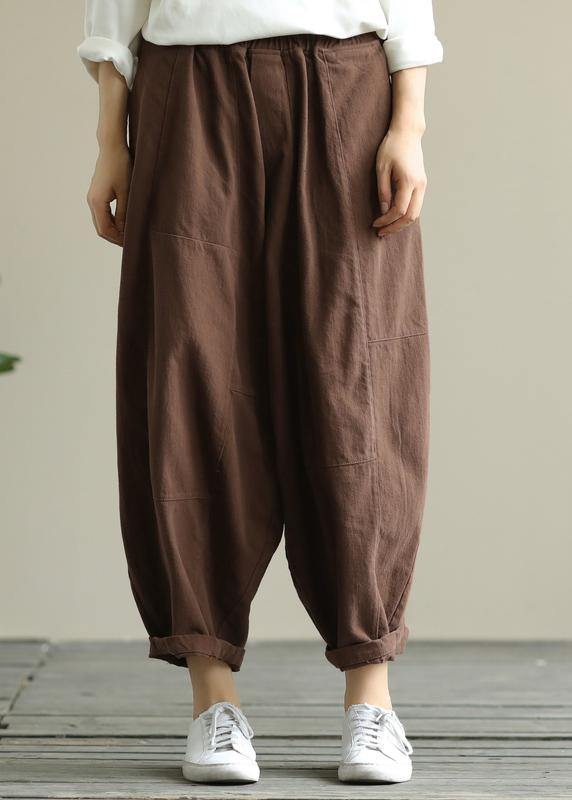 Loose Brown Elastic Waist Harem Pants