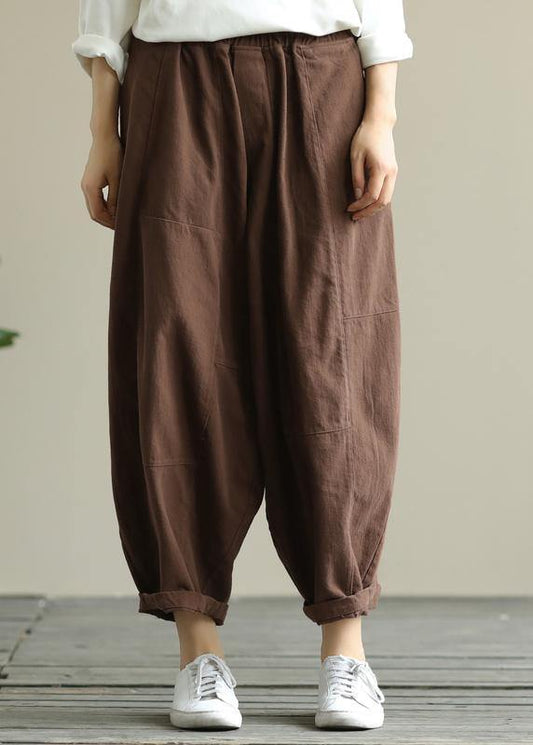 Loose Brown Elastic Waist Harem Pants
