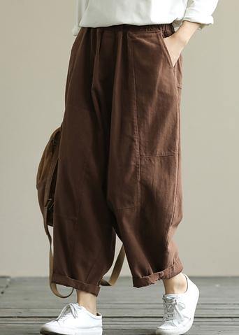 Loose Brown Elastic Waist Harem Pants