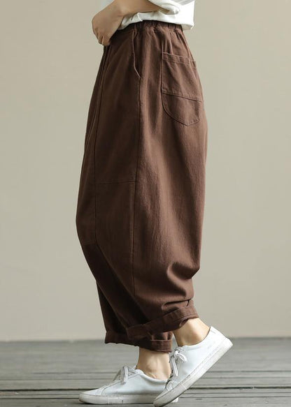 Loose Brown Elastic Waist Harem Pants
