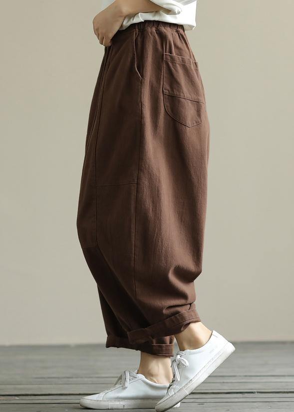Loose Brown Elastic Waist Harem Pants