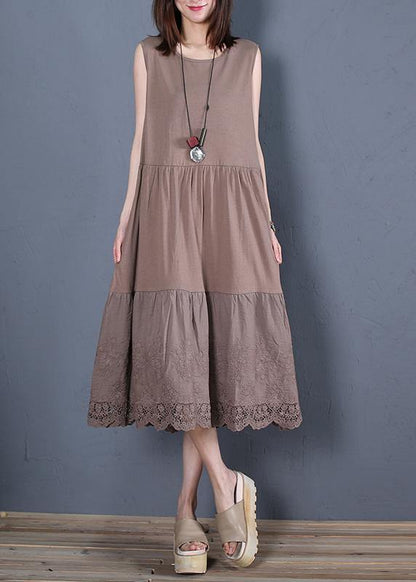 Loose Chocolate Cotton Outfit O Neck Sleeveless Robe Dresses