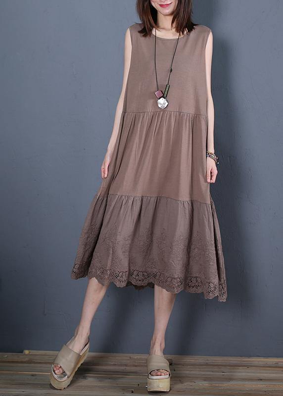 Loose Chocolate Cotton Outfit O Neck Sleeveless Robe Dresses