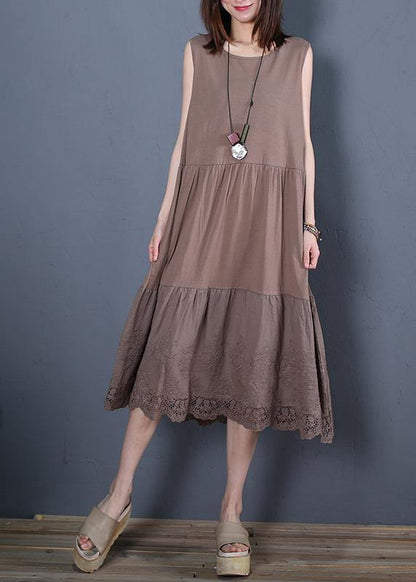 Loose Chocolate Cotton Outfit O Neck Sleeveless Robe Dresses