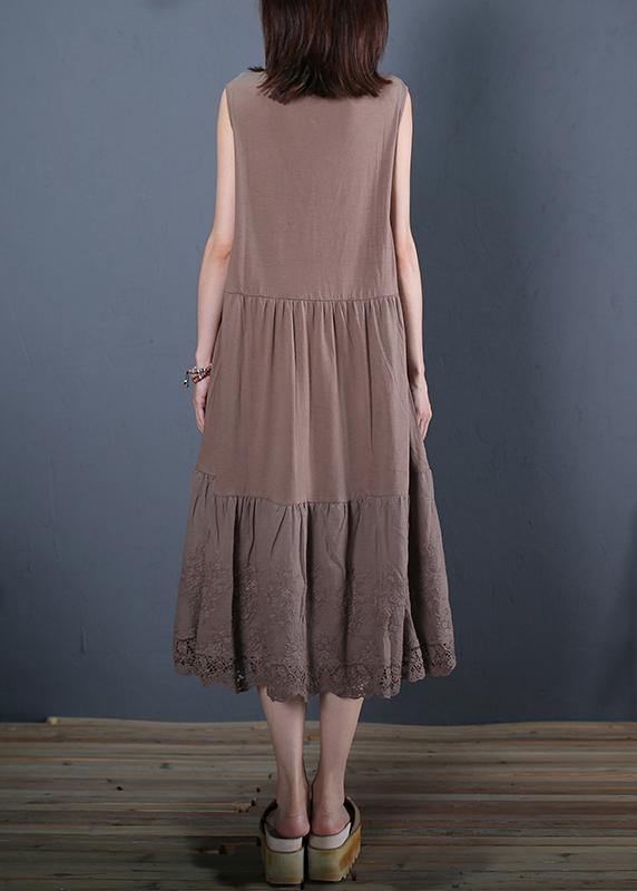 Loose Chocolate Cotton Outfit O Neck Sleeveless Robe Dresses