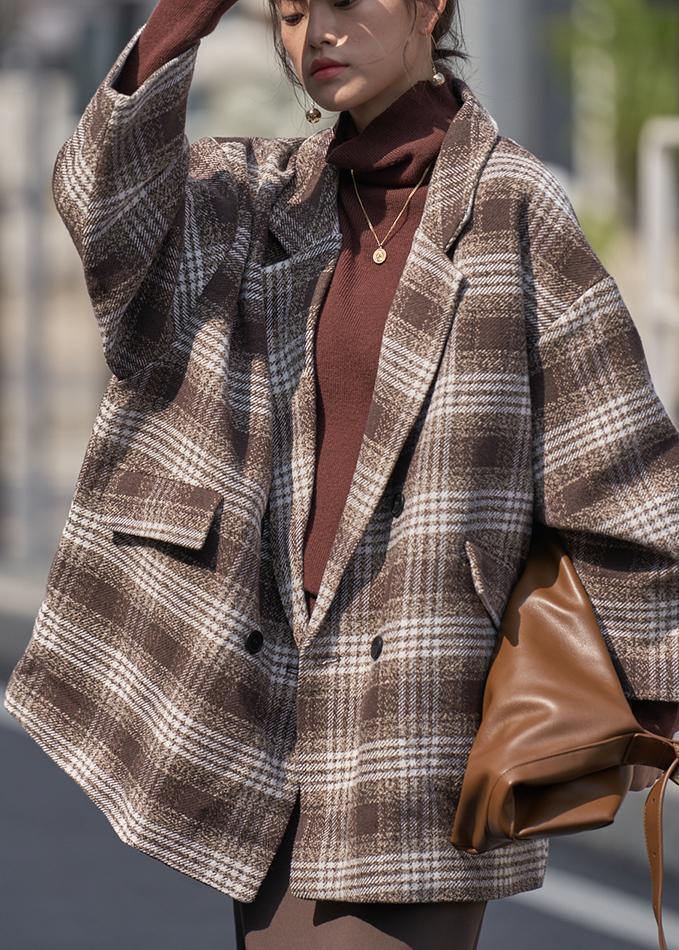 Loose Chocolate Plaid Fine Trench Coat Wardrobes Notched Double Breast Wool Jackets