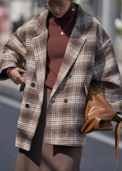 Loose Chocolate Plaid Fine Trench Coat Wardrobes Notched Double Breast Wool Jackets