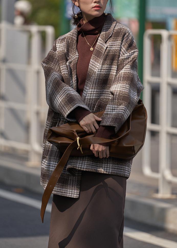 Loose Chocolate Plaid Fine Trench Coat Wardrobes Notched Double Breast Wool Jackets