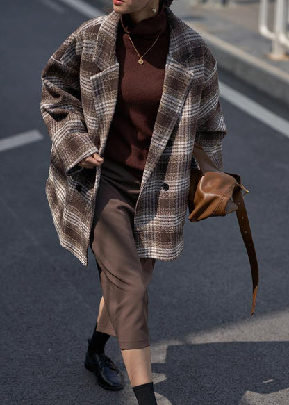 Loose Chocolate Plaid Fine Trench Coat Wardrobes Notched Double Breast Wool Jackets