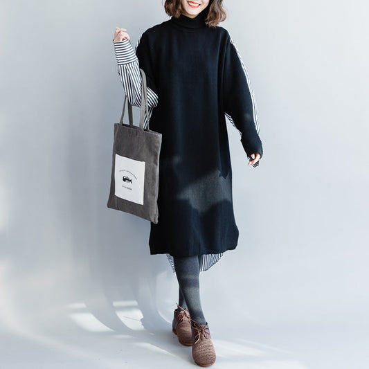 Loose Cotton Robes Soft Surroundings High Neck Batwing Sleeve Shirts Black Art Dresses
