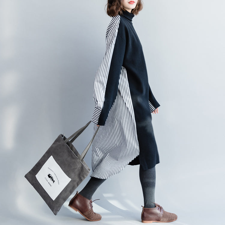 Loose Cotton Robes Soft Surroundings High Neck Batwing Sleeve Shirts Black Art Dresses