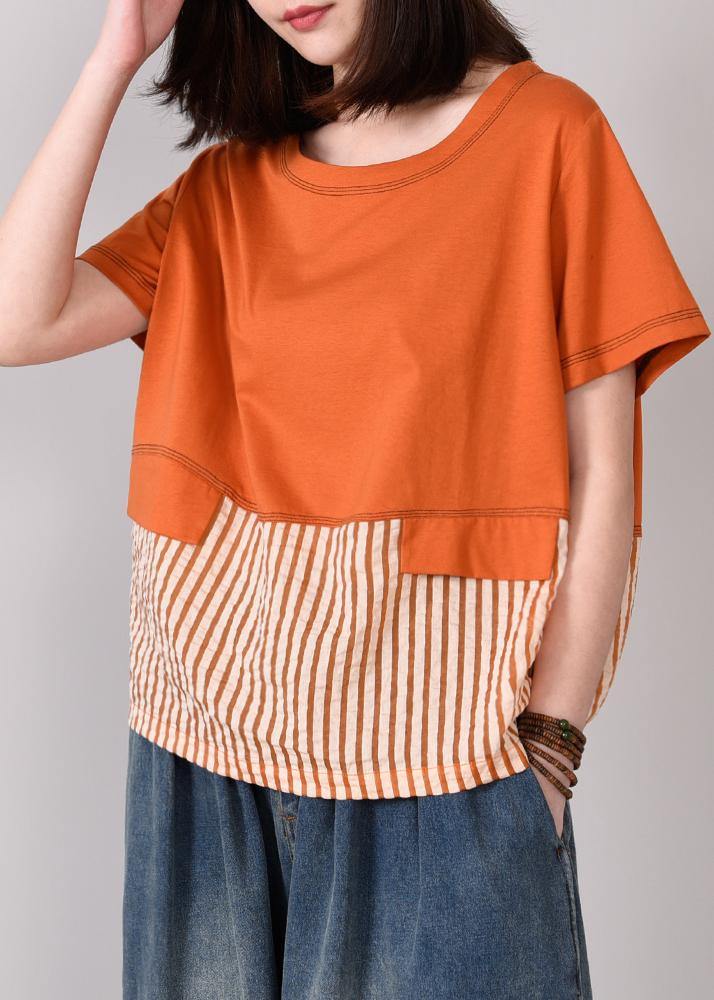 Loose Cotton Tunic Boutique Spliced Striped Cotton Round Neck Blouse