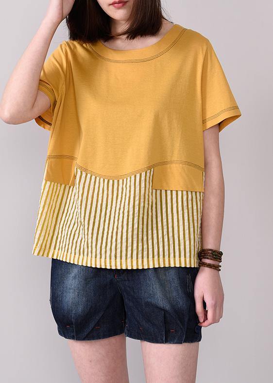 Loose Cotton Tunic Boutique Spliced Striped Cotton Round Neck Blouse