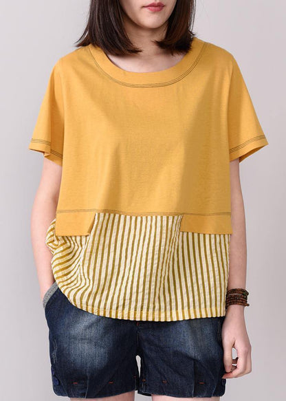 Loose Cotton Tunic Boutique Spliced Striped Cotton Round Neck Blouse