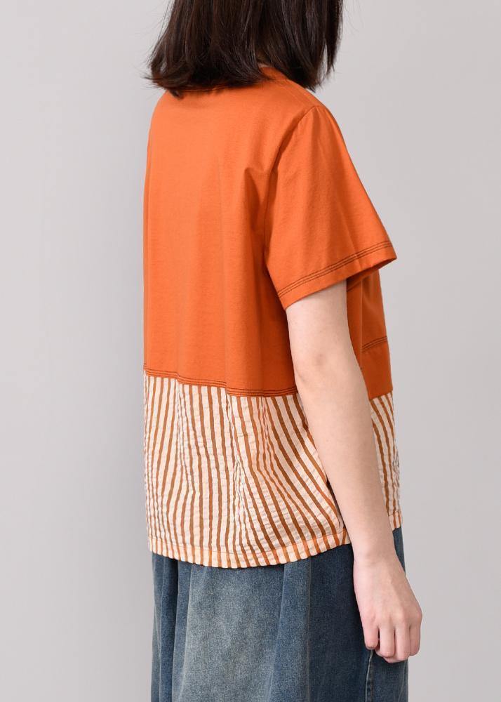 Loose Cotton Tunic Boutique Spliced Striped Cotton Round Neck Blouse