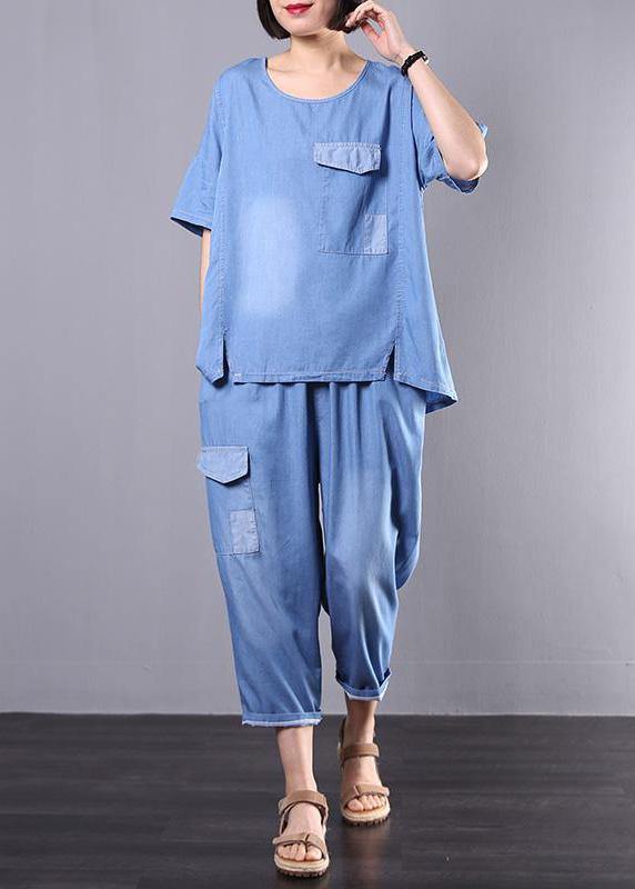 Loose Cotton Clothes for Korea Blue Denim Two Piece Suit