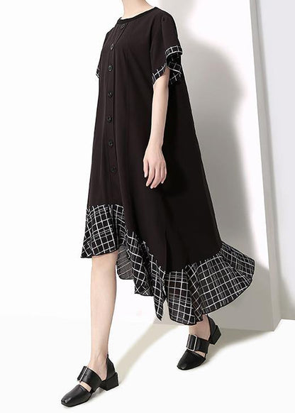 Loose Cotton Quilting Clothes Plaid Splided Loose Flare Sleeve Dress