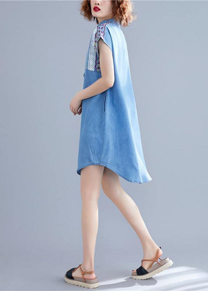Loose Denim Blue Cotton Dresses Stand Collar Embroidery Tunic Summer Dresses