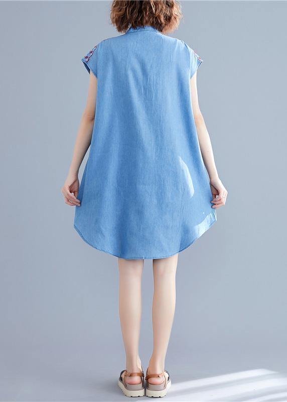 Loose Denim Blue Cotton Dresses Stand Collar Embroidery Tunic Summer Dresses