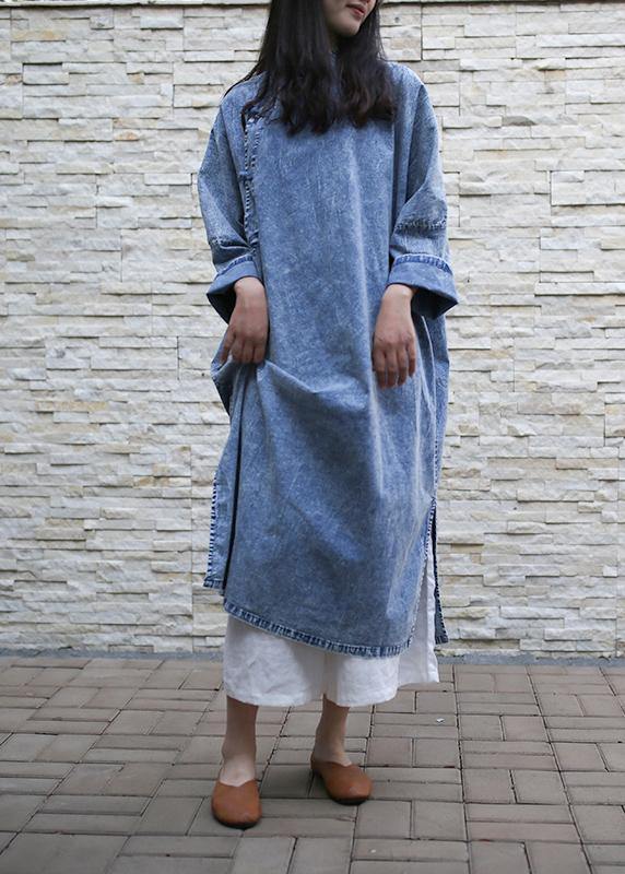 Loose Denim Blue Tunics Stand Collar Side Open Dresses