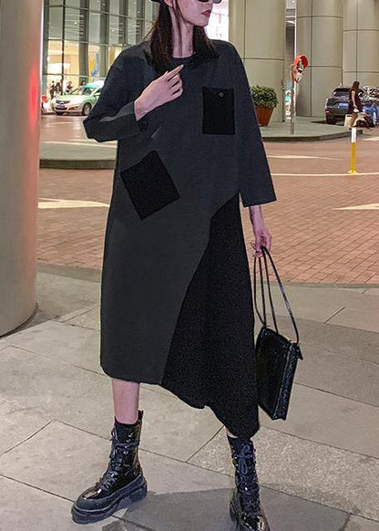 Loose Gray Cotton Dresses Patchwork Maxi Winter Dress