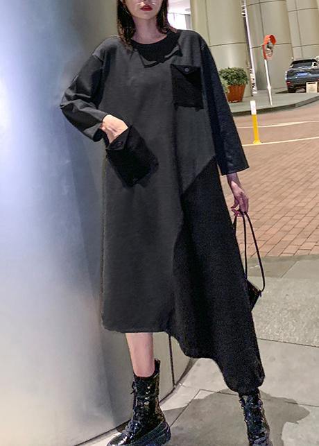 Loose Gray Cotton Dresses Patchwork Maxi Winter Dress