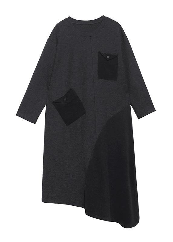 Loose Gray Cotton Dresses Patchwork Maxi Winter Dress