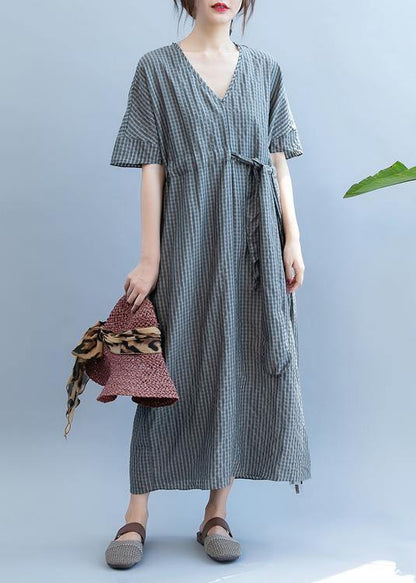 Loose Gray Plaid Clothes V Neck Drawstring Art Summer Dress