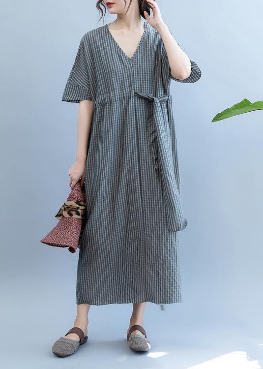 Loose Gray Plaid Clothes V Neck Drawstring Art Summer Dress